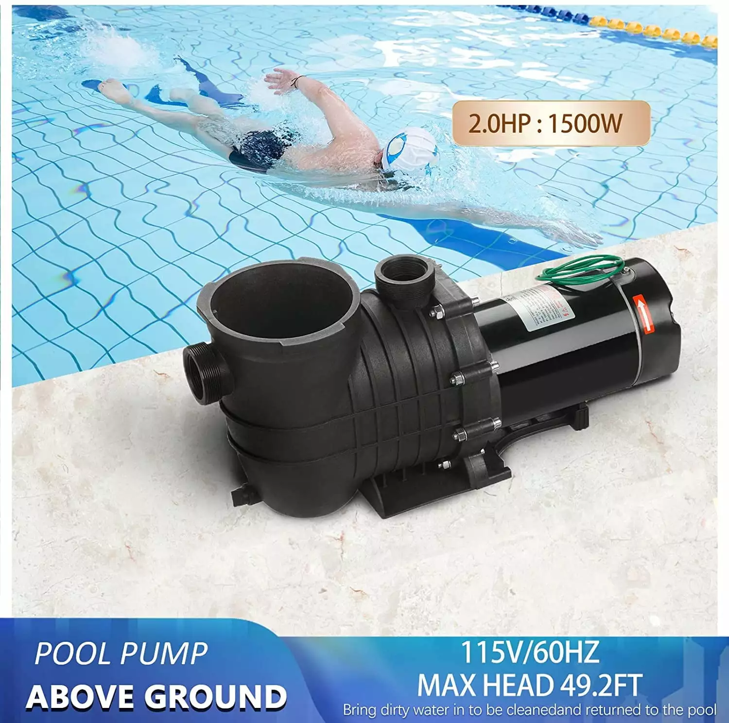 JSTUOKE 2HP Single Speed Swimming Pool Pump Above Ground Pools Strainer Basket Motor
