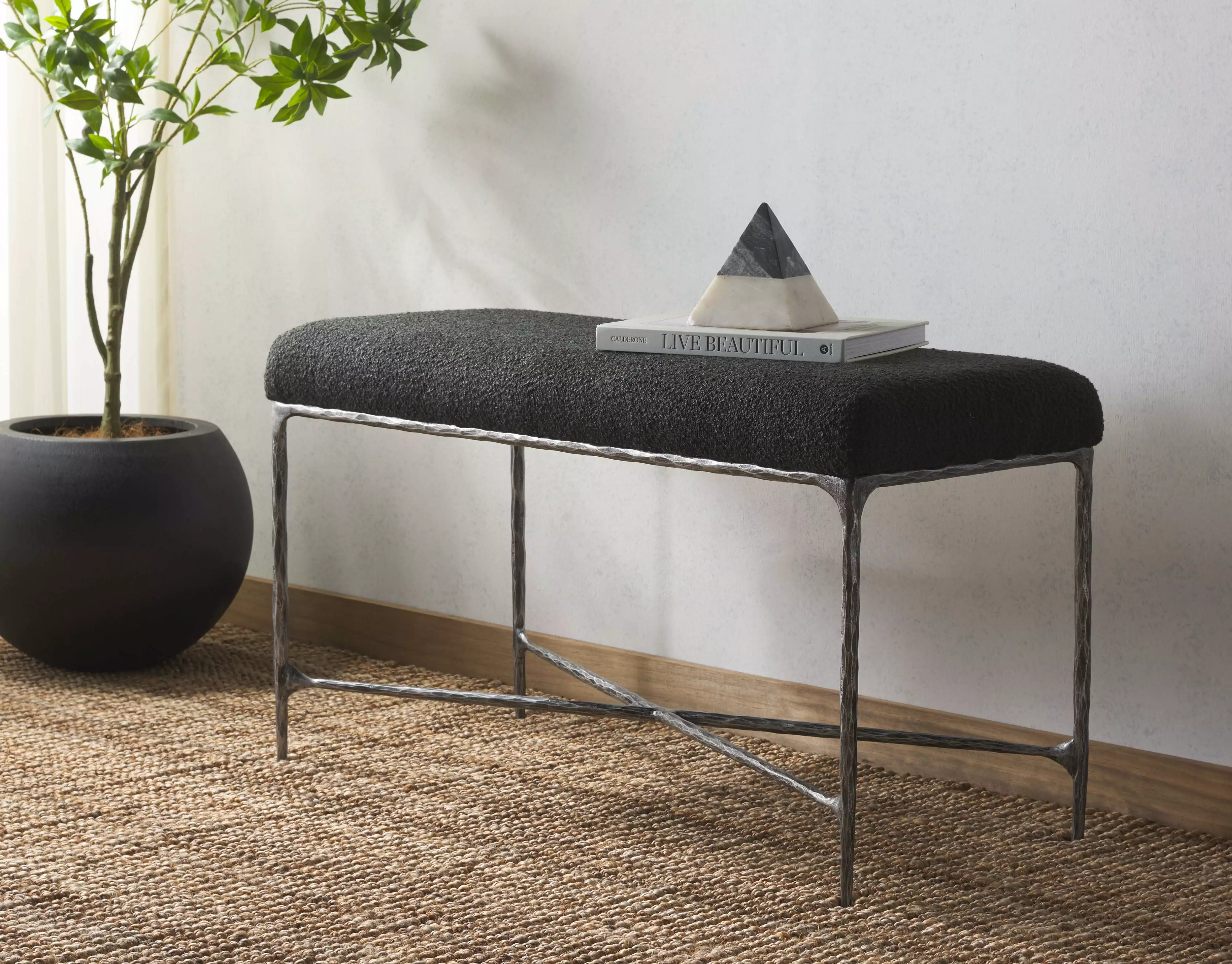 SAFAVIEH Couture Mandy Solid Boucle Modern Bench Metal Frame Black - Chic Living Room Accent Benches