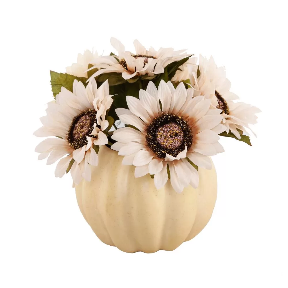 Flora Bunda 10 Inch Fall Harvest Artificial Cream White Sunflowers 7 Inch Plastic Foam Pumpkin