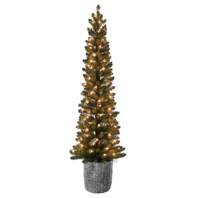 Celebrations 5 ft Pencil LED 100 ct Green Alpine Resin Potted Christmas Tree