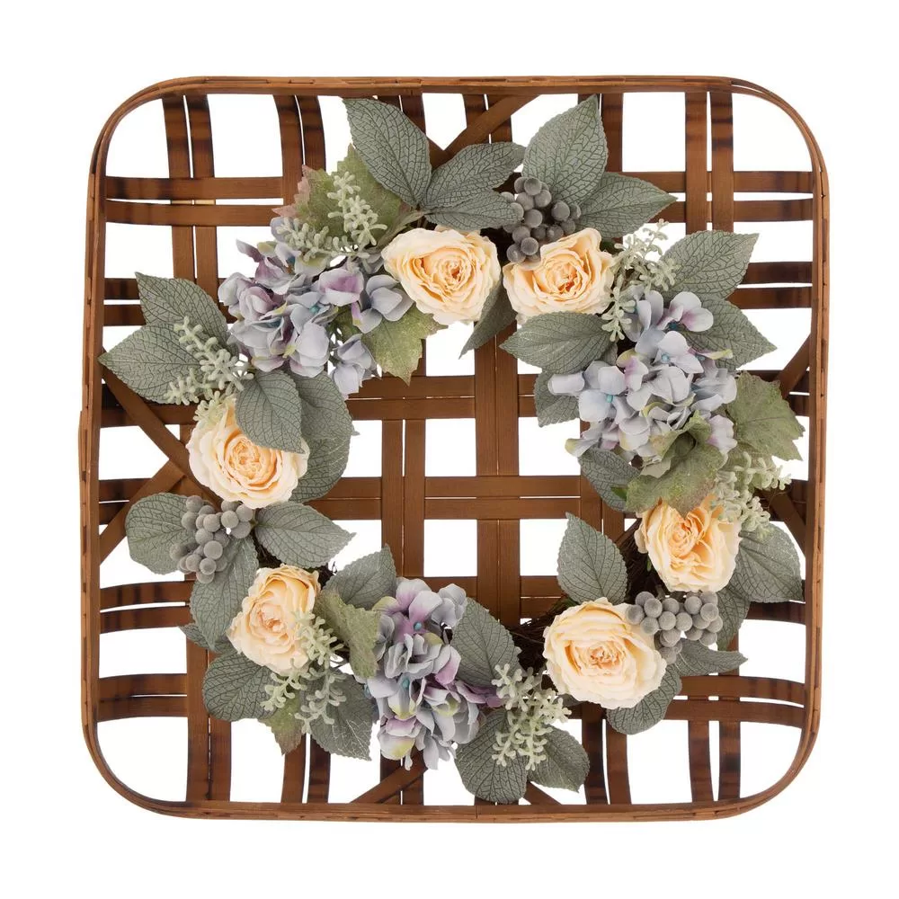 Glitzhome 22 Inch Dia Hydrangea Rose Wreath 24 Inch Bamboo Basket