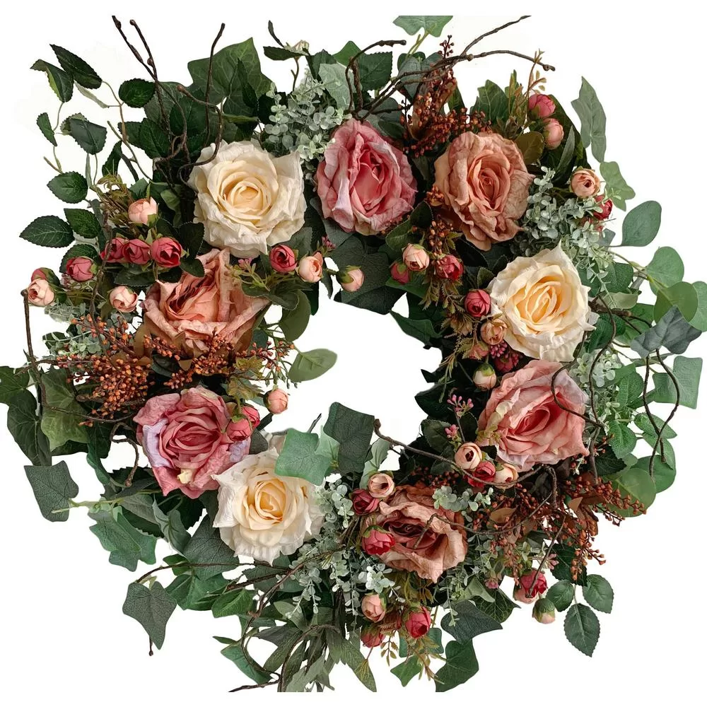 Glitzhome 26 Inch Unlit Green Artificial Wreath Roses