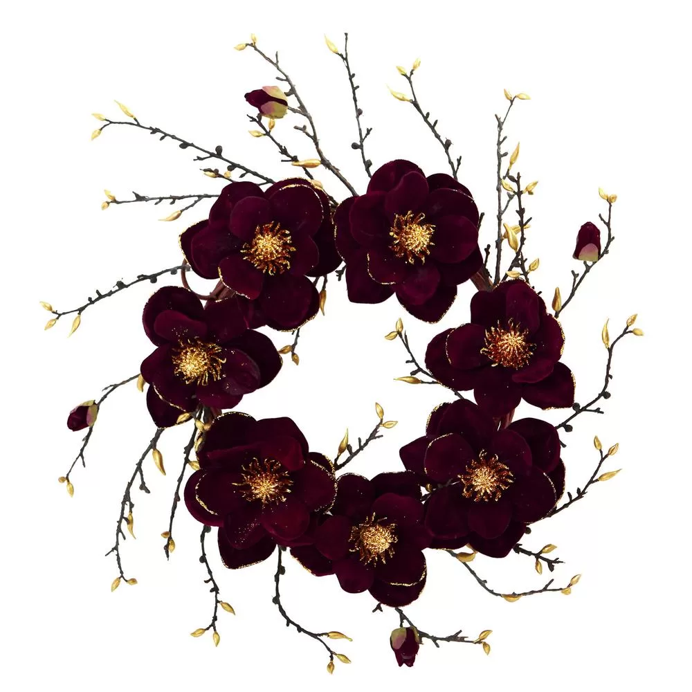 Nearly Natural 24 Inch Indoor Burgundy Gold Magnolia Artificial Wreath