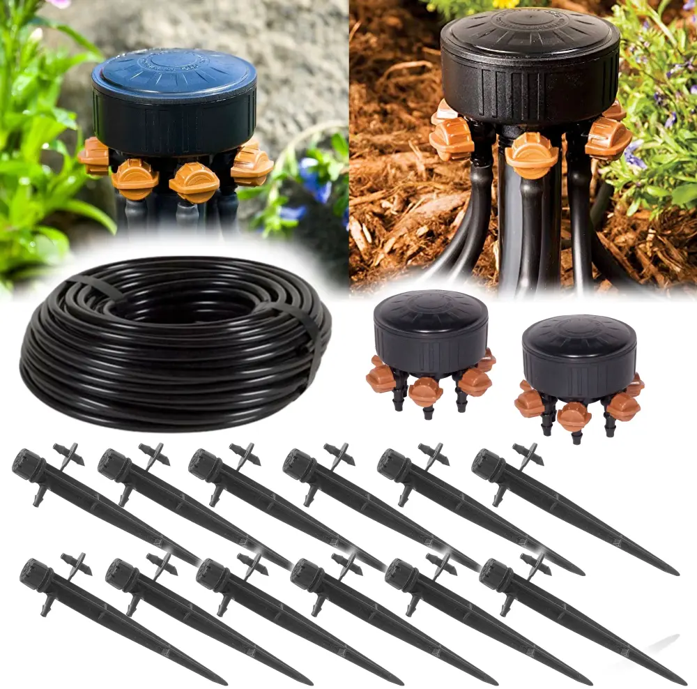 12 Plant Drip Irrigation Home Grow Kit - 100ft 1/4 Inch Tubing, Emitters & Adaptable Manifold 0-20 GPH