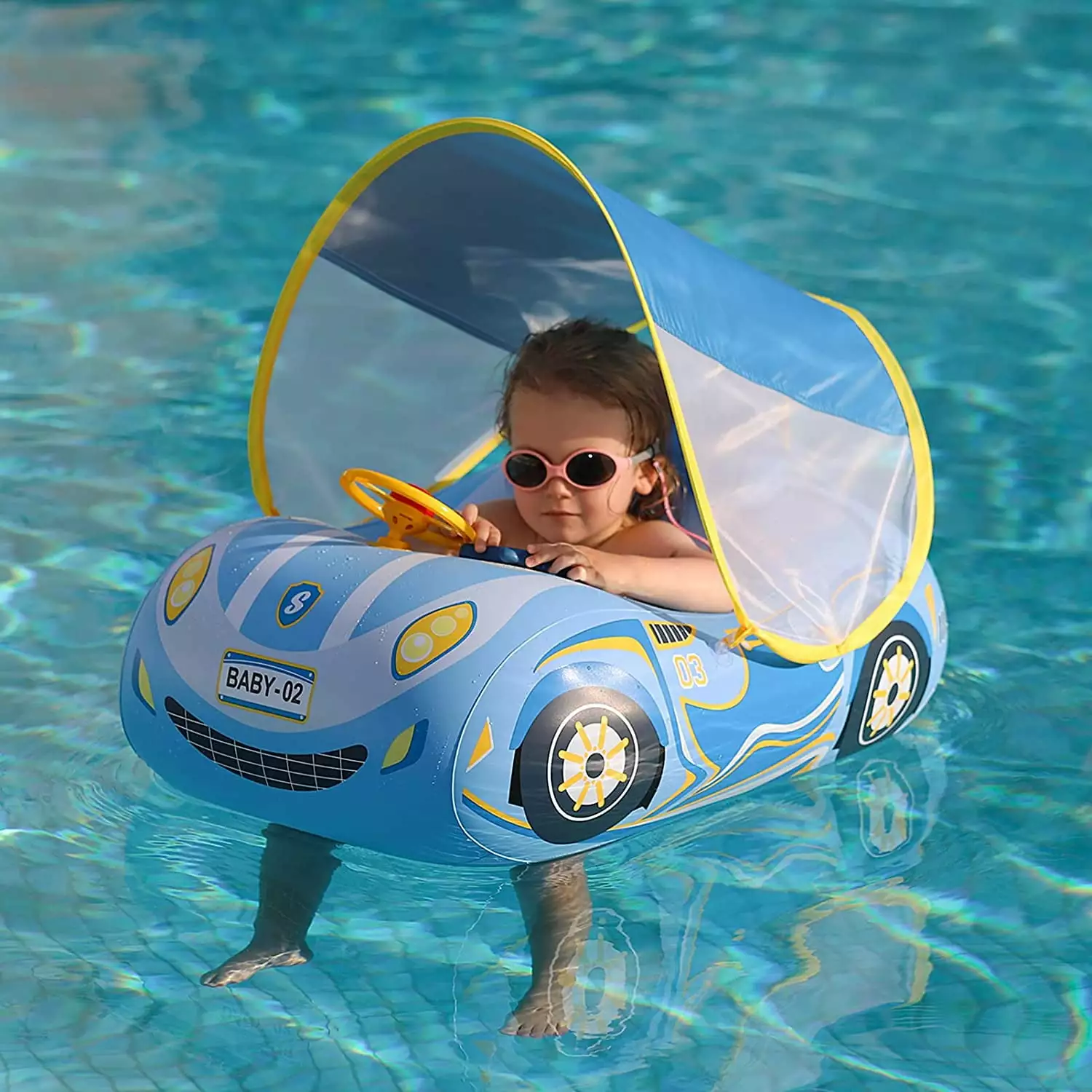 Toddler Pool Float Inflatable Car Sun Canopy and Safety Seat Kids 1-4 Years