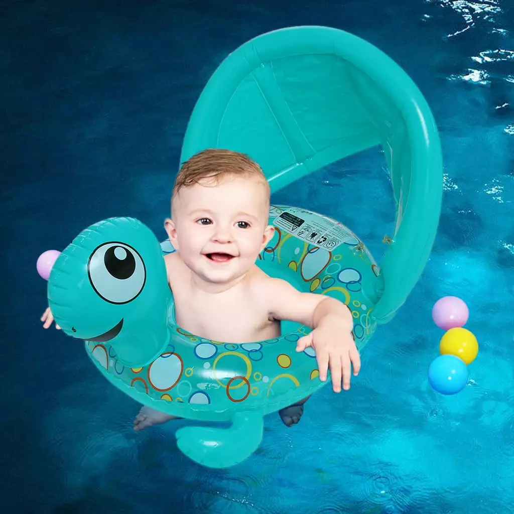 Baby Swimming Float Inflatable Baby Pool Float Ring Removable Sun Protection Canopy Ages 1-36 Months