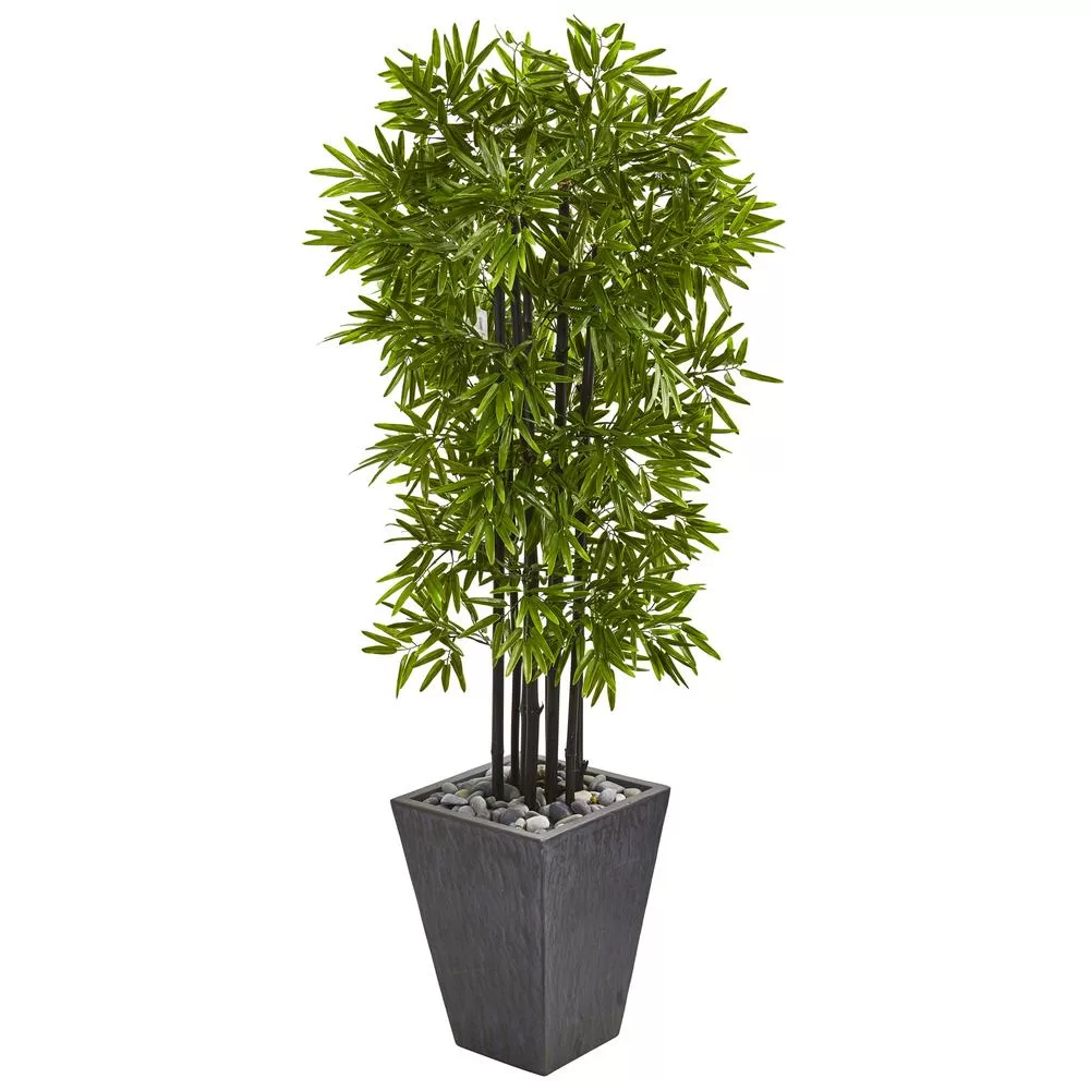 Nearly Natural 61 . Bamboo Artificial Tree Black Trunks Slate Planter