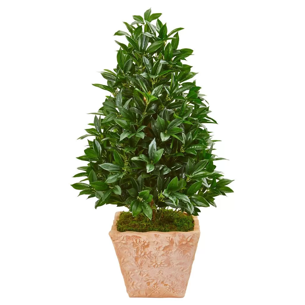 Nearly Natural 39-Inch Bay Leaf Cone Topiary Artificial Tree Terra Cotta Planter