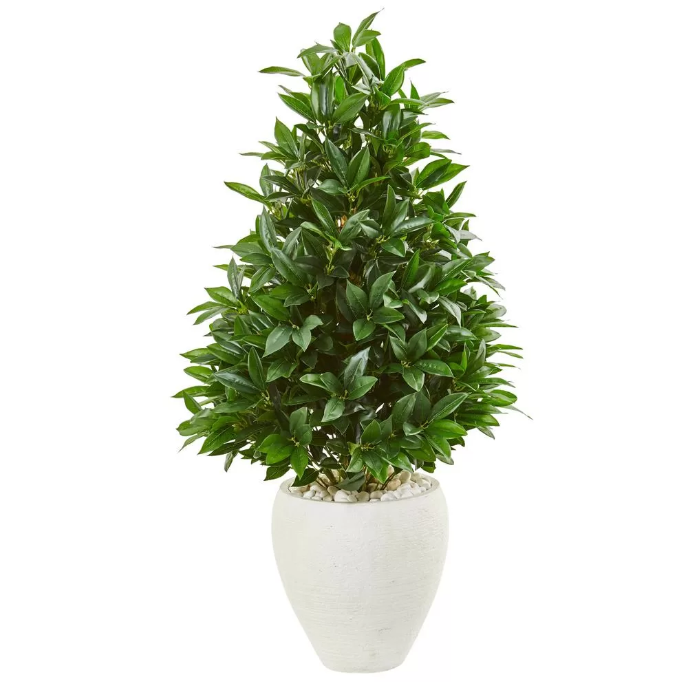 Nearly Natural 44 Inch Bay Leaf Cone Topiary Artificial Tree White Planter