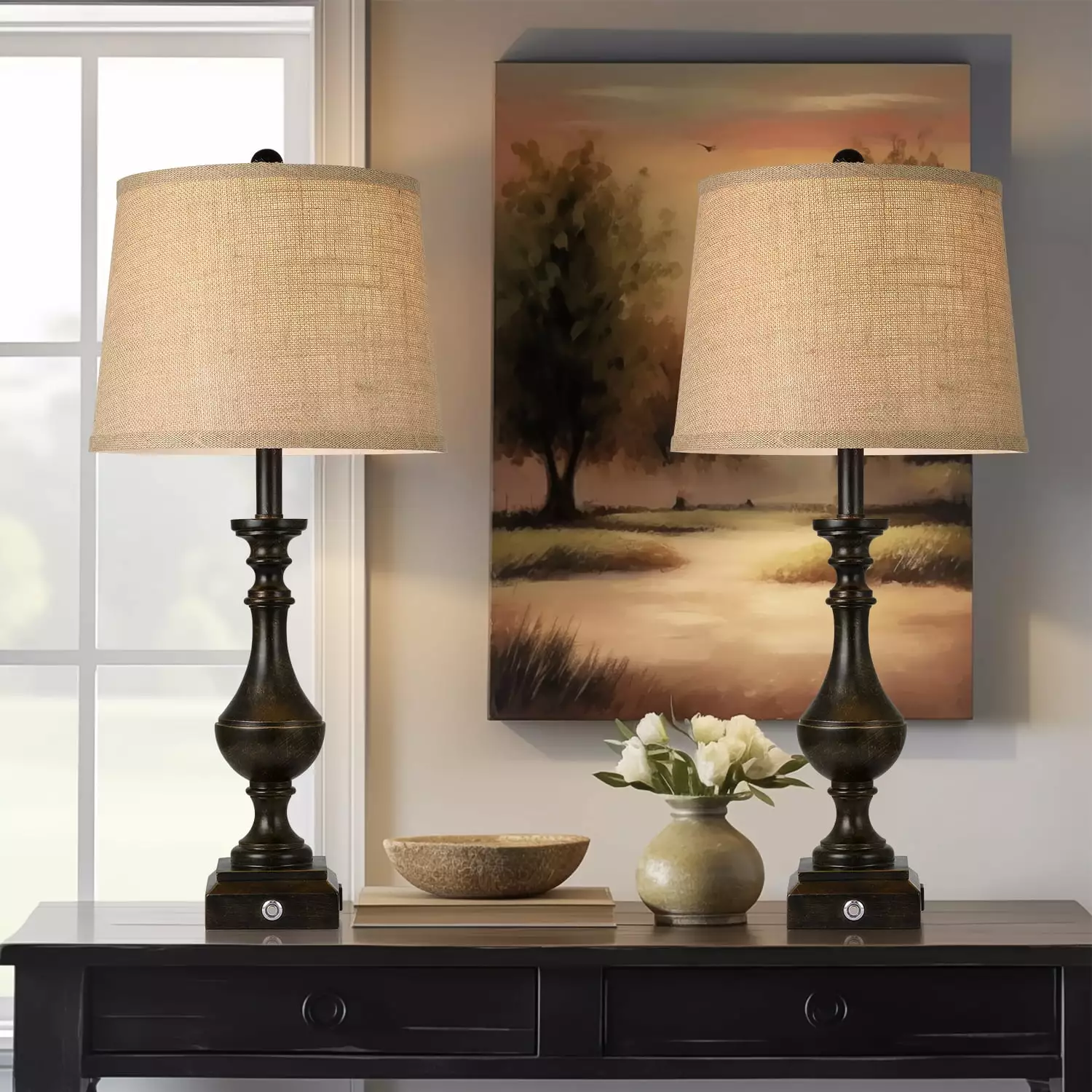AKASUKI 27.5'' Table Lamps Set 2 Touch Bedside Lamps USB Charging 3 Way Dimmable Nightstand Linen Shade