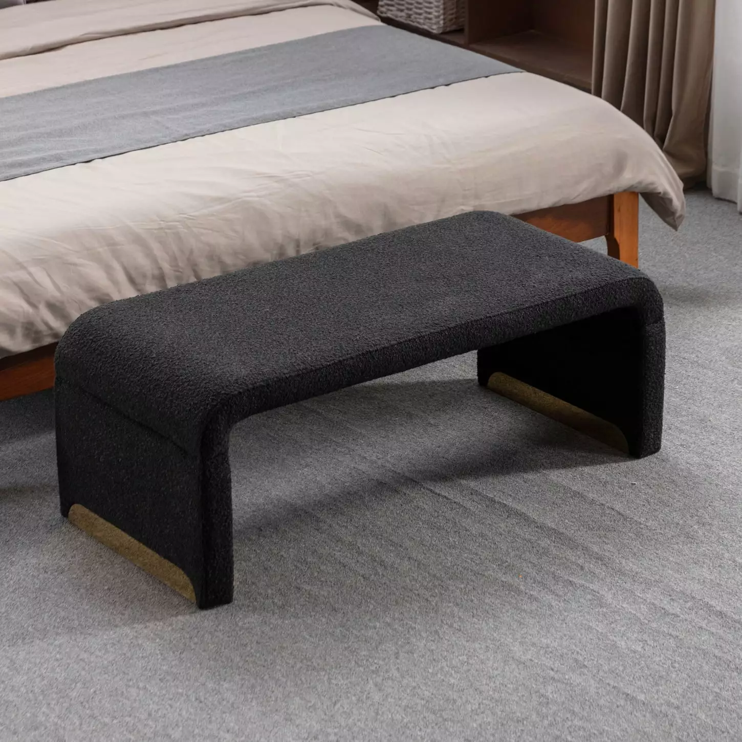 Loveseat Ottoman Footstool Gold Metal Legs - Black Boucle Fabric Bench Bedroom or Shoe Storage Benches HATNOKIL