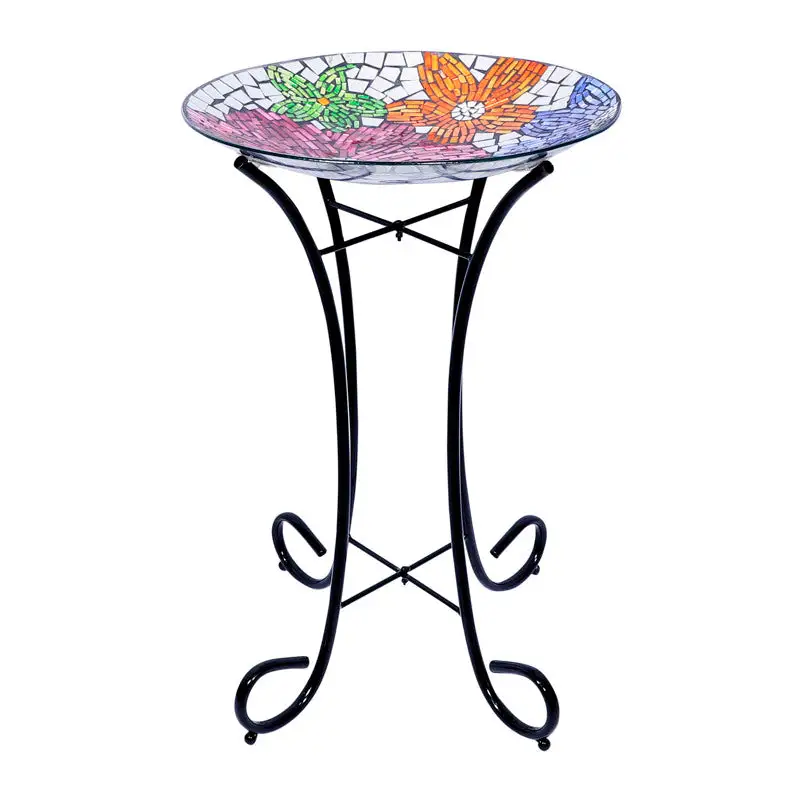 Alpine Multicolored Glass Metal 23 Inch Floral Bird Bath Stand