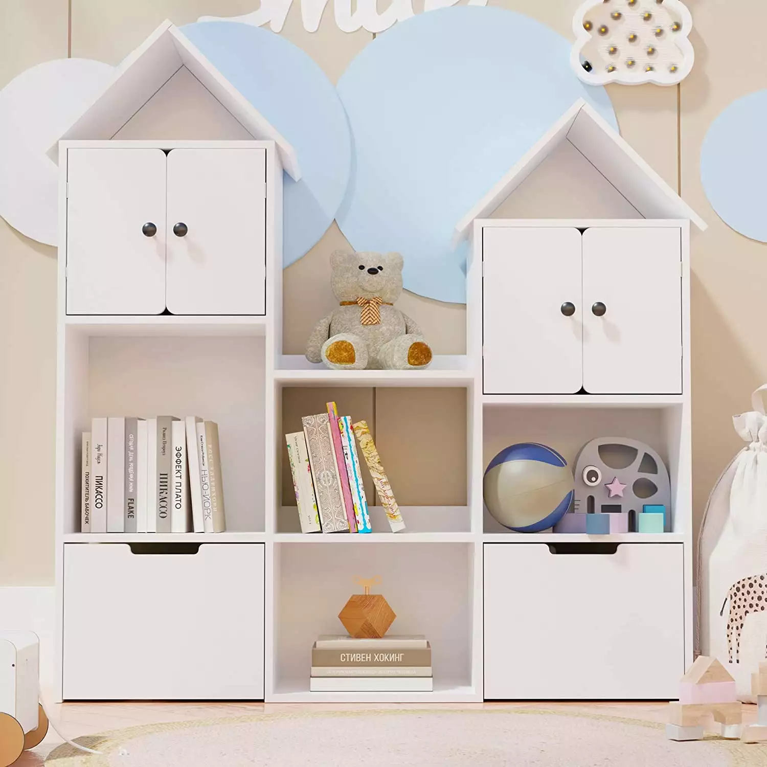 ZHIBING Wooden Kids Bookshelf Toy Box Toy Storage Organizer Wheels Kids Bookcase Playroom