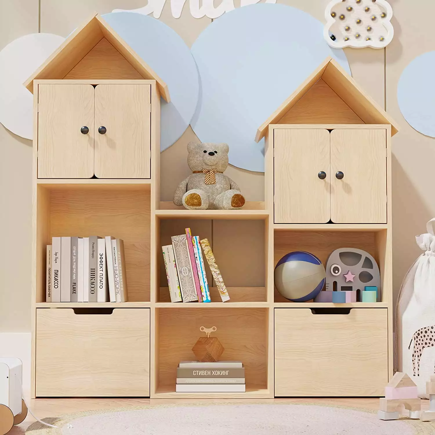 ZHIBING Wooden Kids Bookshelf Toy Box Toy Storage Organizer Wheels Kids Bookcase Playroom