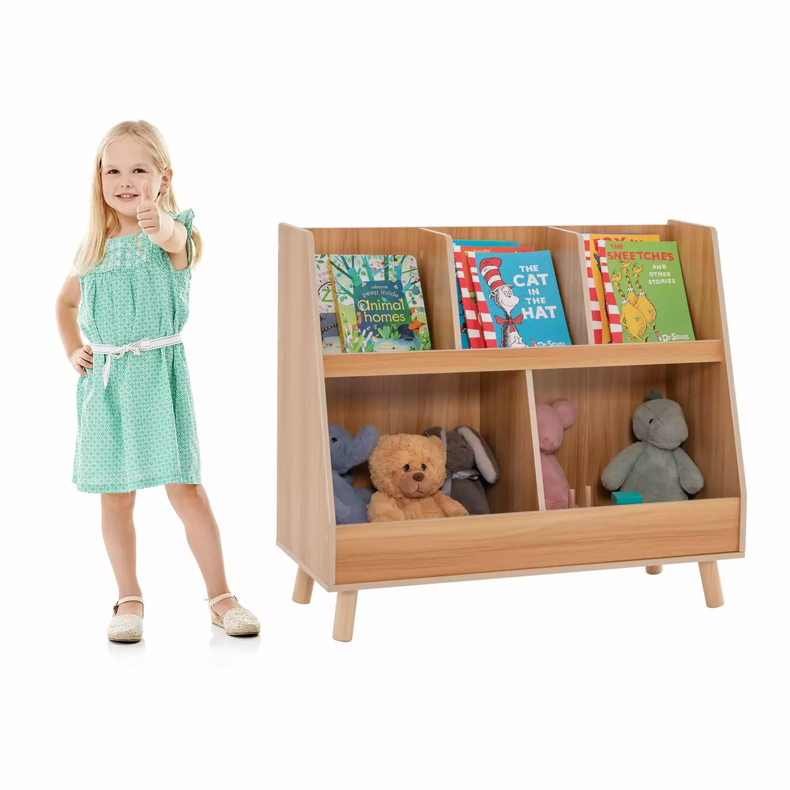 Infans 5-Cube Kids Bookshelf and Toy Organizer Wooden Storage Bookcase Wood Legs