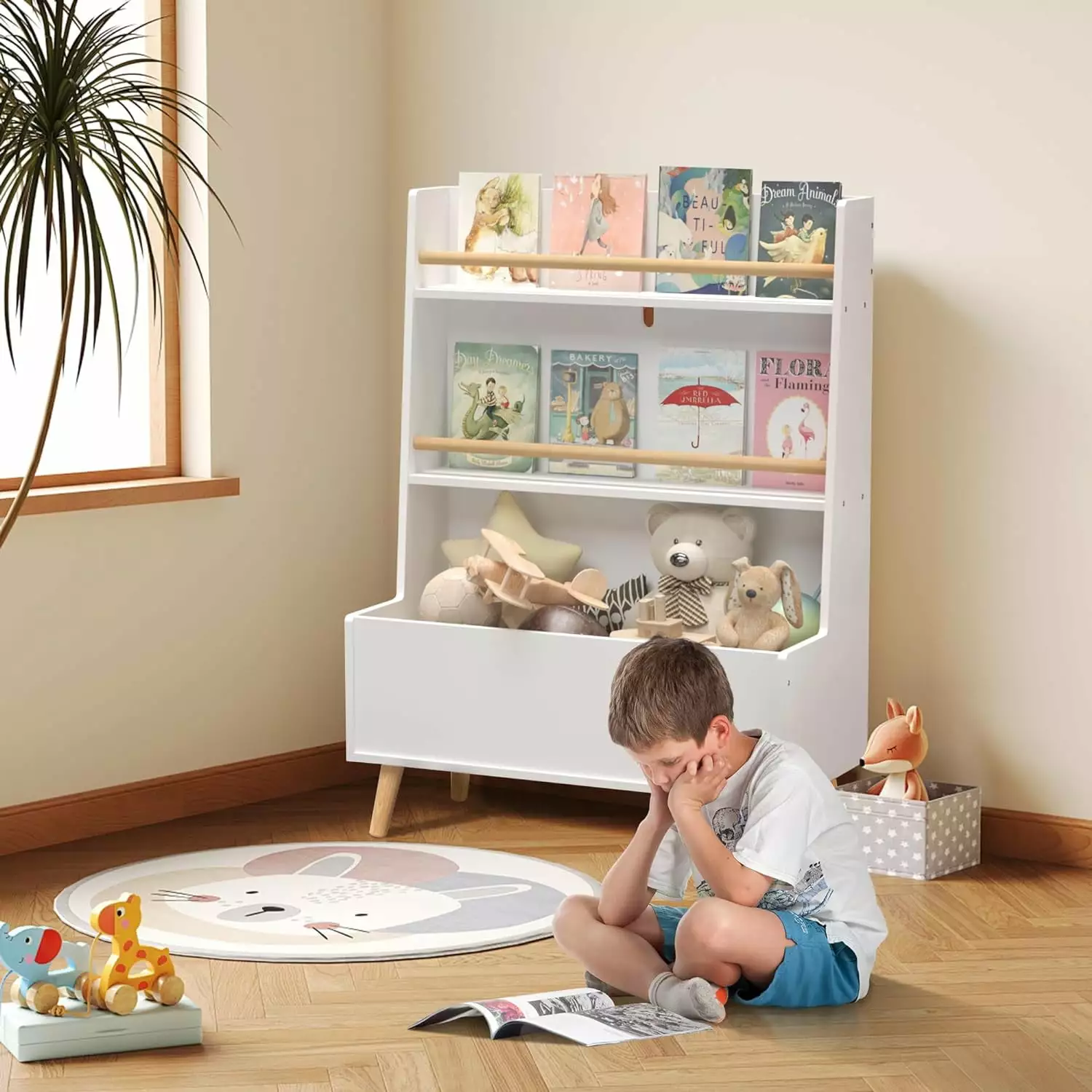 Kids Bookshelf and Toy Storage 3-Tier Baby Storage Display Legs 27 Inch White YoJoFHM