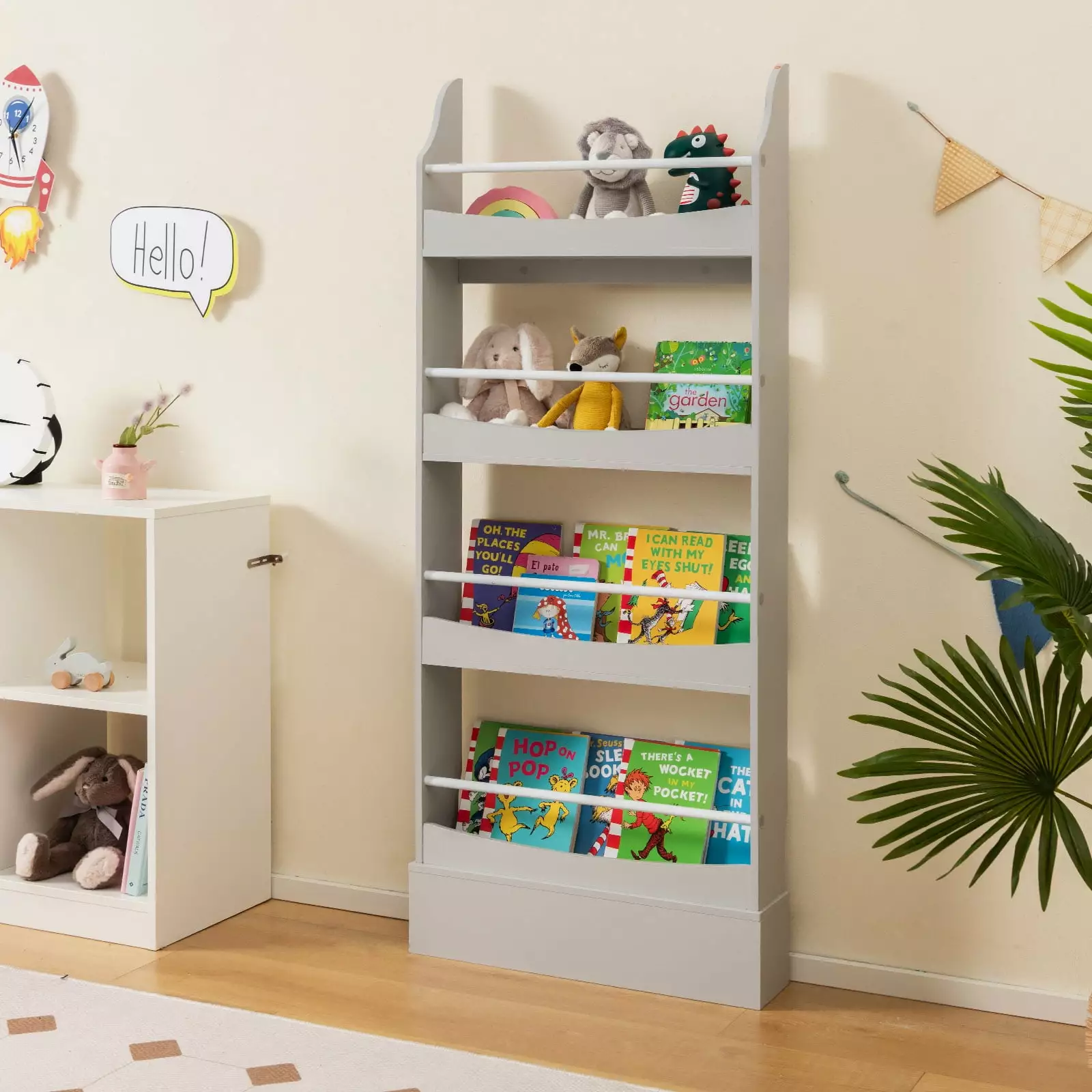 Coelon 4-Tier Kids Bookshelf Children's Bookcase Rack Wall Anti-Toppling Device Gray