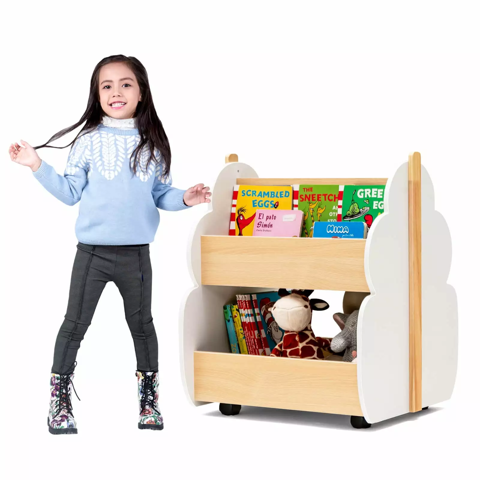 Coelon Kids Wooden Bookshelf Universal Wheels 2-Tier Storage Shelf Children White