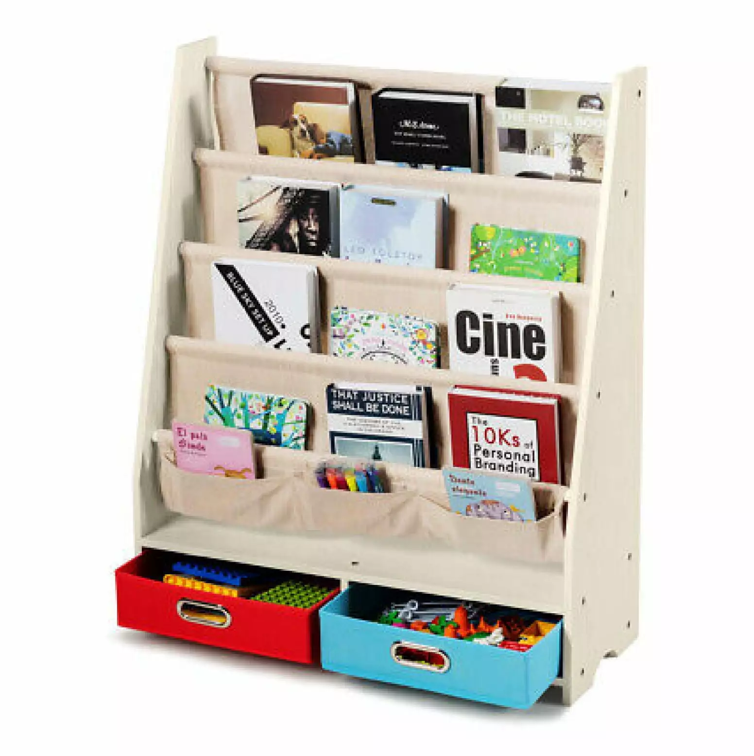 Depot Esh Kids Book Rack Toys Organizer Shelves 4 Sling Bookshelf and 2 Boxes Beige