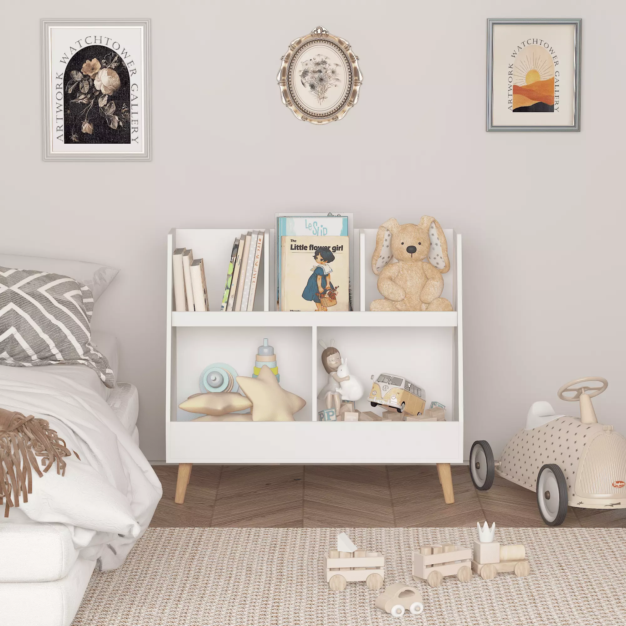 FirstAsk Kids Bookshelf and Toy Organizer 5 Cubbies Wooden Open Bookcase Legs