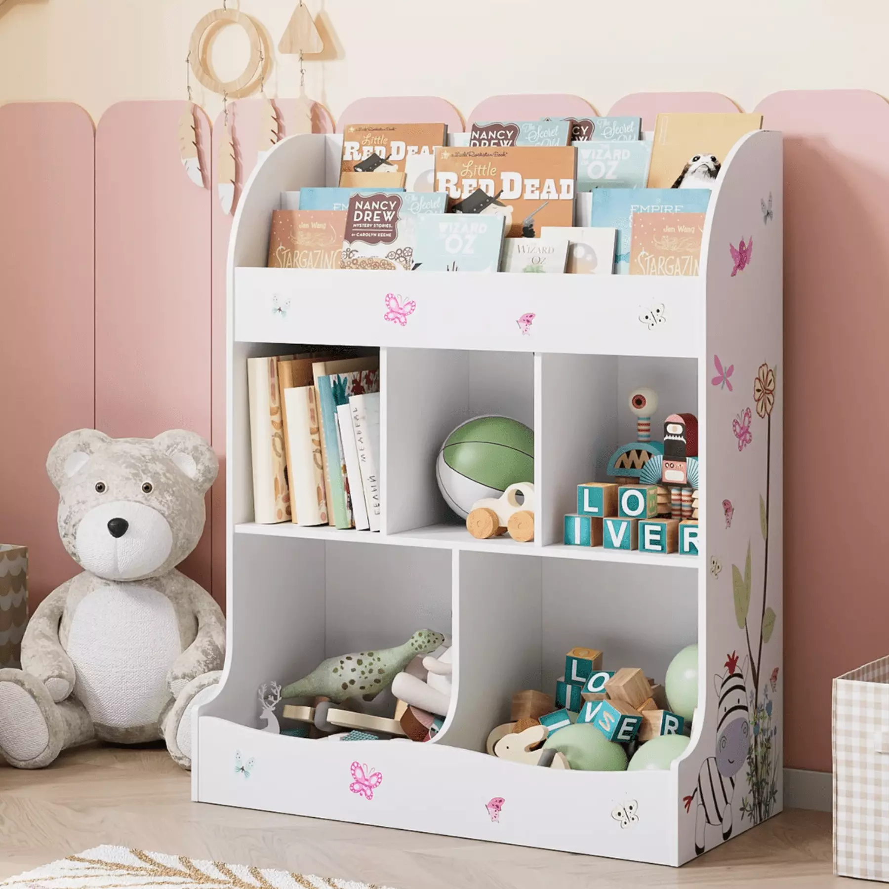 Homfa Kid's Bookshelf Cute Printed Reading Nook 5-Cube White Bookcase Playroom
