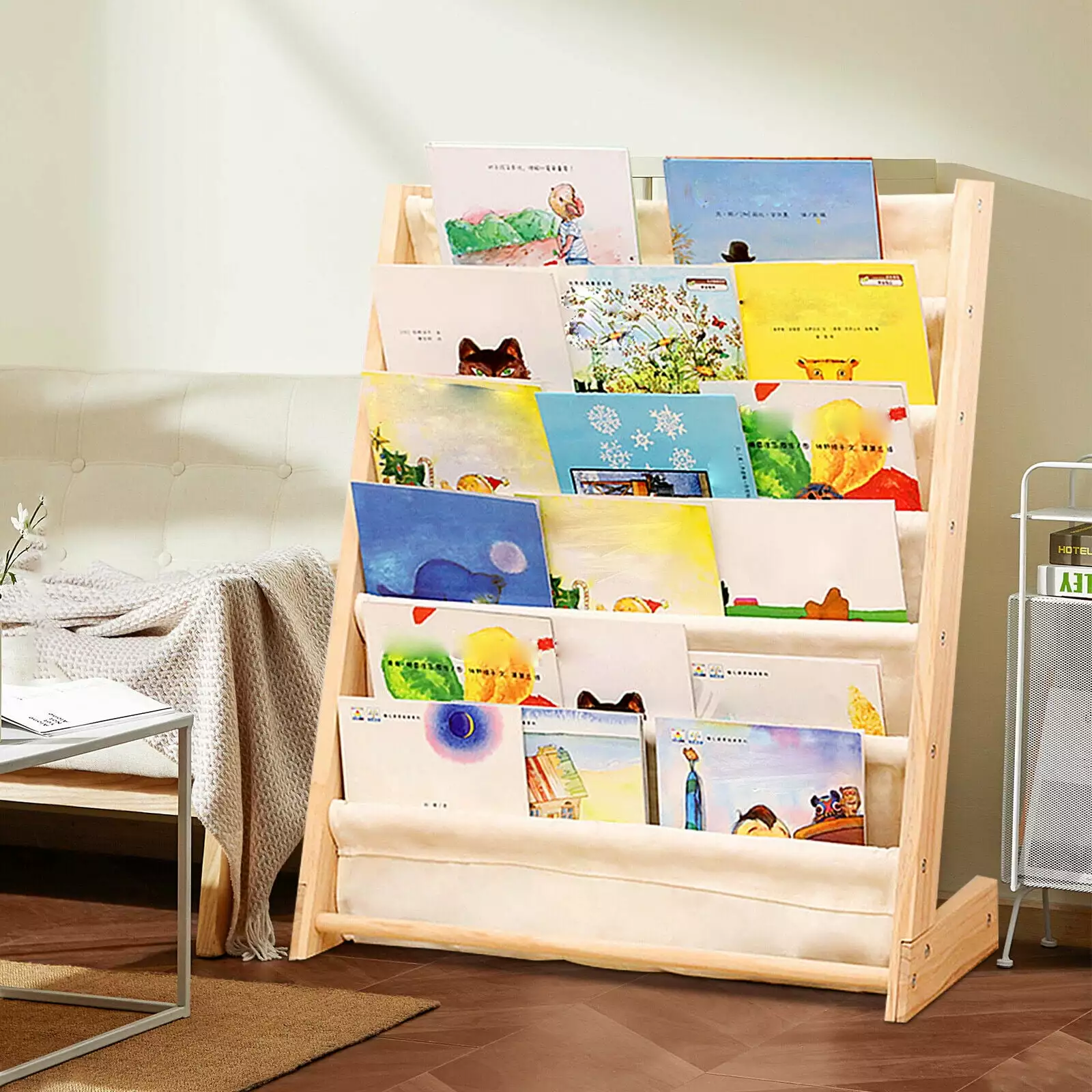 Miumaeov 6-Tier Wooden Kids Book Rack Storage Bookshelf Canvas Sling Bedroom Playroom 29.5x11.8x31.1 Inch
