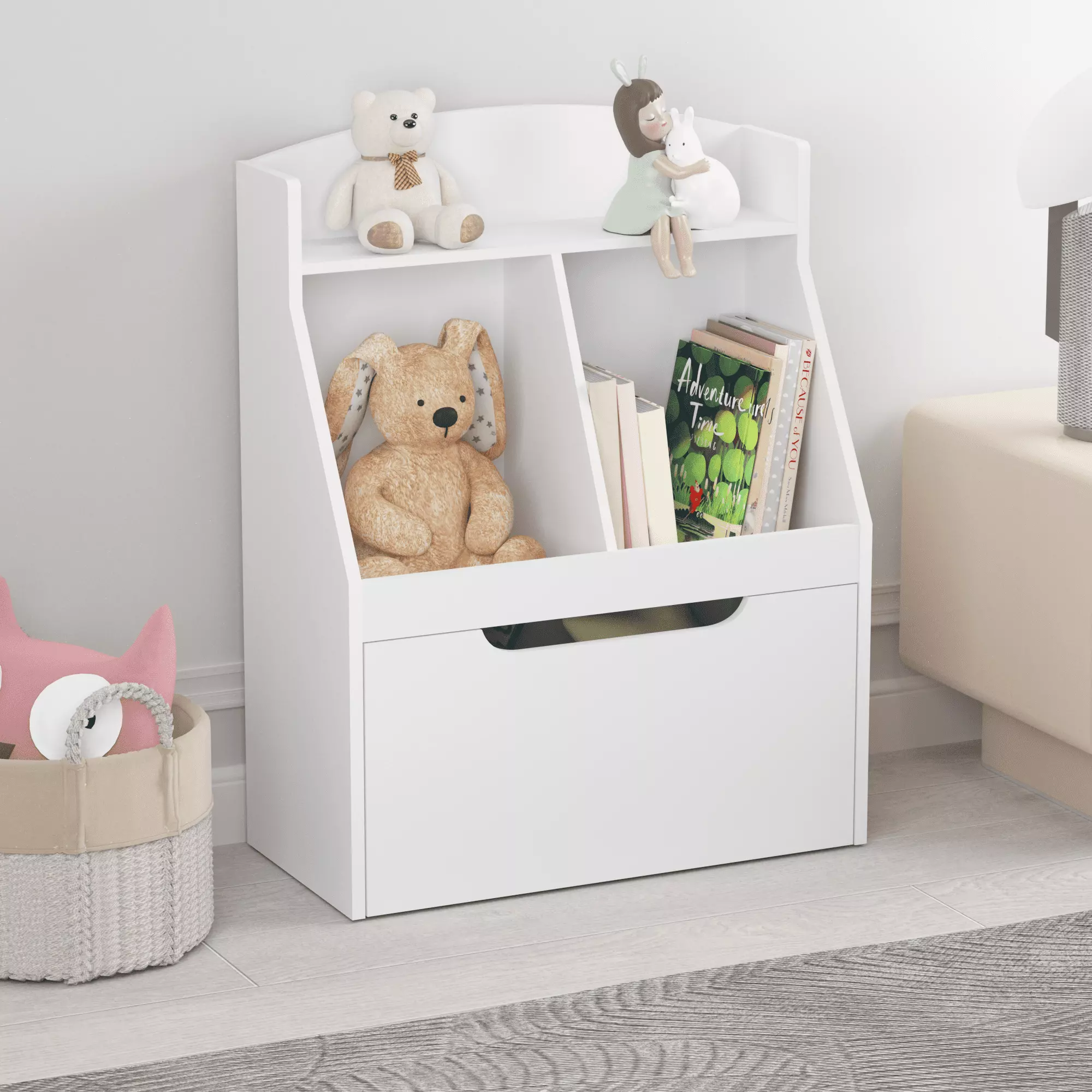 Kids Bookshelf Toy Organizer Wooden Bookcase 2 Shelves and Storage Drawer Wheels White Pregoods Shop