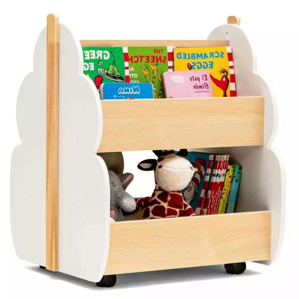 Spaco Kids Wooden Bookshelf Universal Wheels White Toy Organizer Boys Girls Nursery