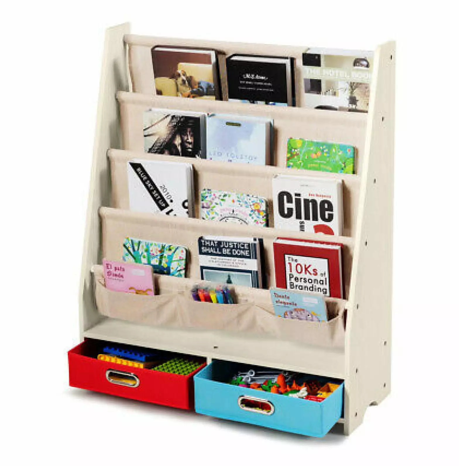 ZHANGHU Kids Book Rack Toys Organizer Shelves 4 Sling Bookshelf and 2 Boxes Beige