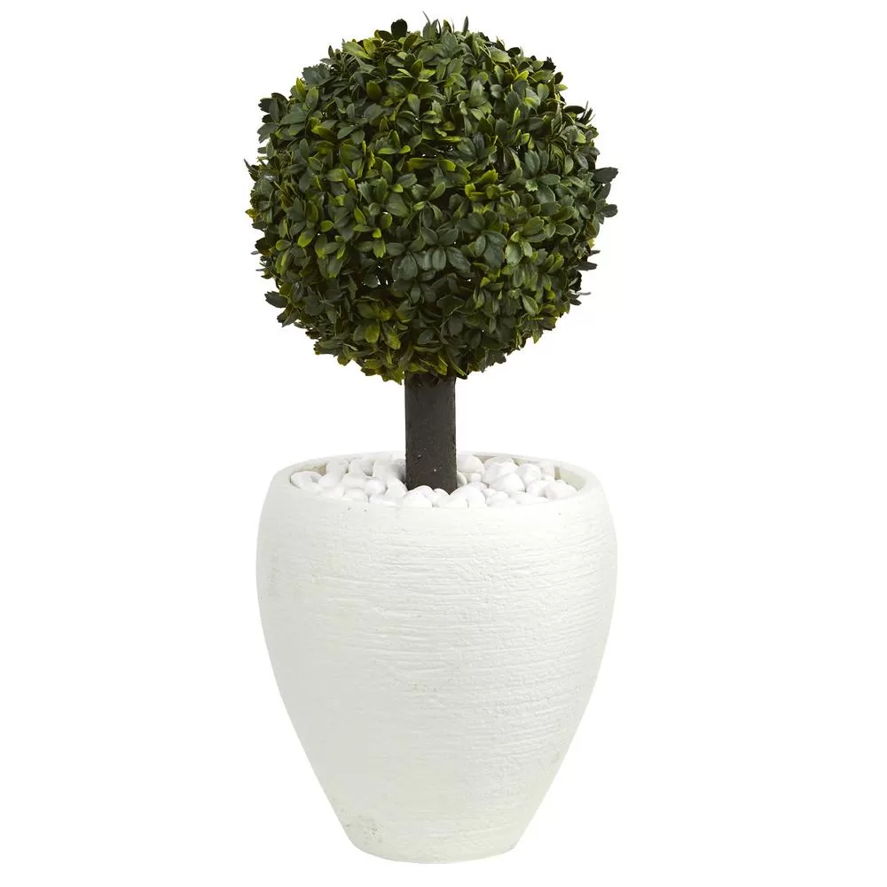 Nearly Natural 26-Inch Boxwood Topiary Artificial Tree White Oval Planter Indoor Outdoor
