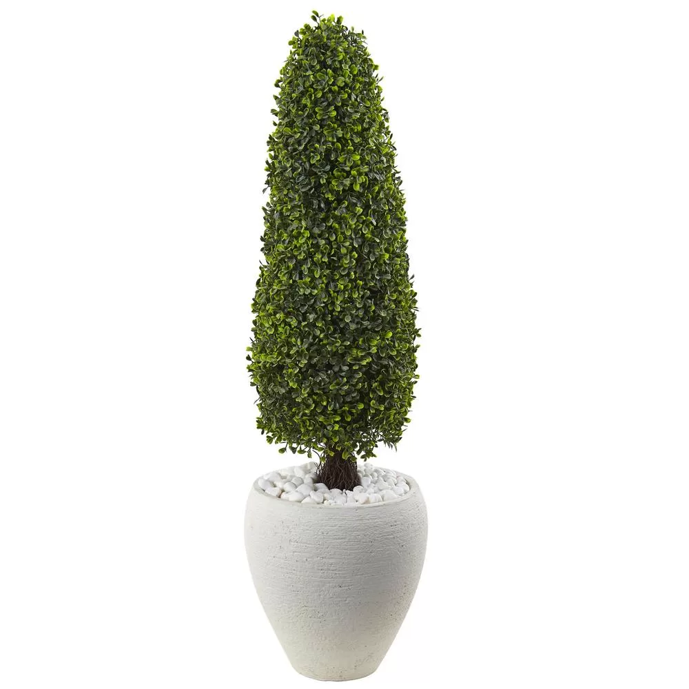 Nearly Natural Boxwood Topiary Textured White Planter UV Resistant Indoor Outdoor