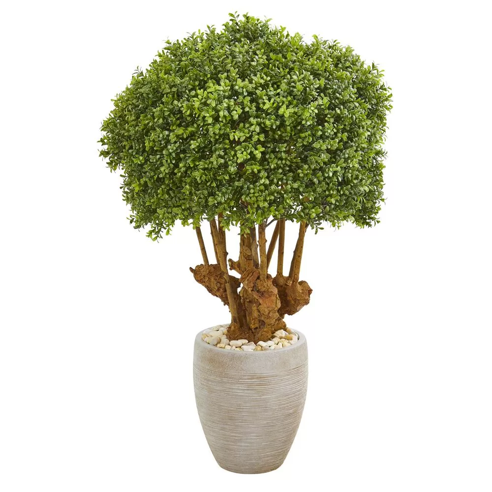 Nearly Natural 41 Inch Boxwood Artificial Topiary Tree Sandstone Planter Indoor Outdoor UV Resistant