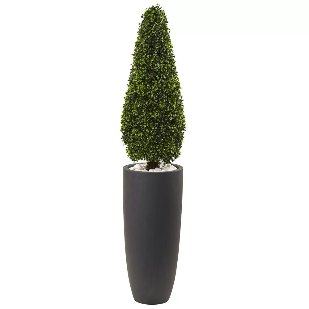 Nearly Natural 50 Inch Boxwood Topiary Gray Cylindrical Planter UV Resistant Indoor Outdoor