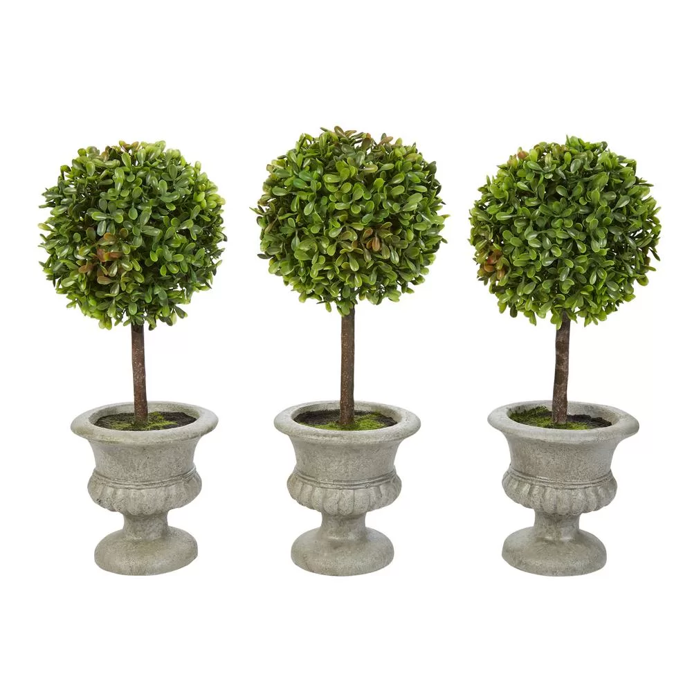 Pure Garden 12.5-Inch Faux Boxwood Topiary Arrangement Set 3 Decorative Urns