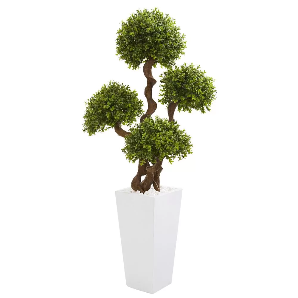 Nearly Natural 55 Inch Four Ball Boxwood Artificial Topiary Tree Tall White Planter