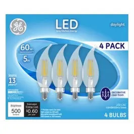 4 Pack Decorative LED Candelabra Light Bulbs Daylight Clear Dimmable 500 Lumens GE