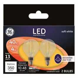 2 Pack Decorative LED Candelabra Light Bulbs Soft White Clear Dimmable 350 Lumens GE