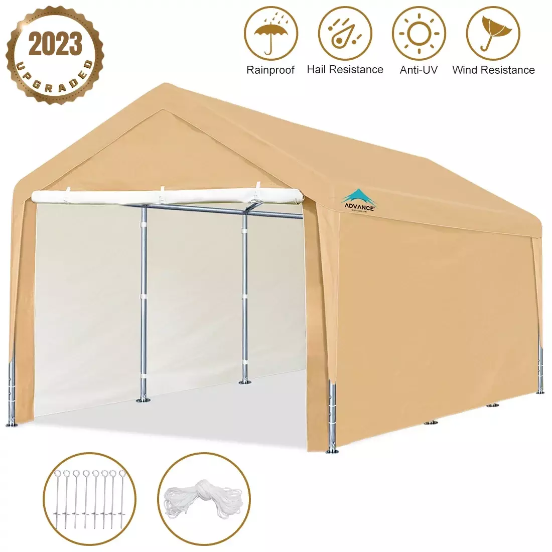 ADVANCE OUTDOOR 10x20 ft Heavy Duty Carport Car Canopy Garage Shelter Removable Sidewalls Beige