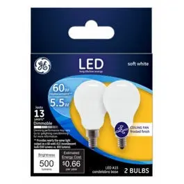 2 Pack Ceiling Fan LED Candelabra Light Bulbs Soft White Frosted Dimmable 500 Lumens GE