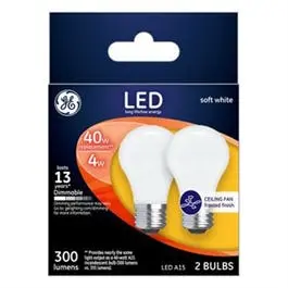 2 Pack Ceiling Fan LED Light Bulbs Soft White Frosted Dimmable 300 Lumens GE