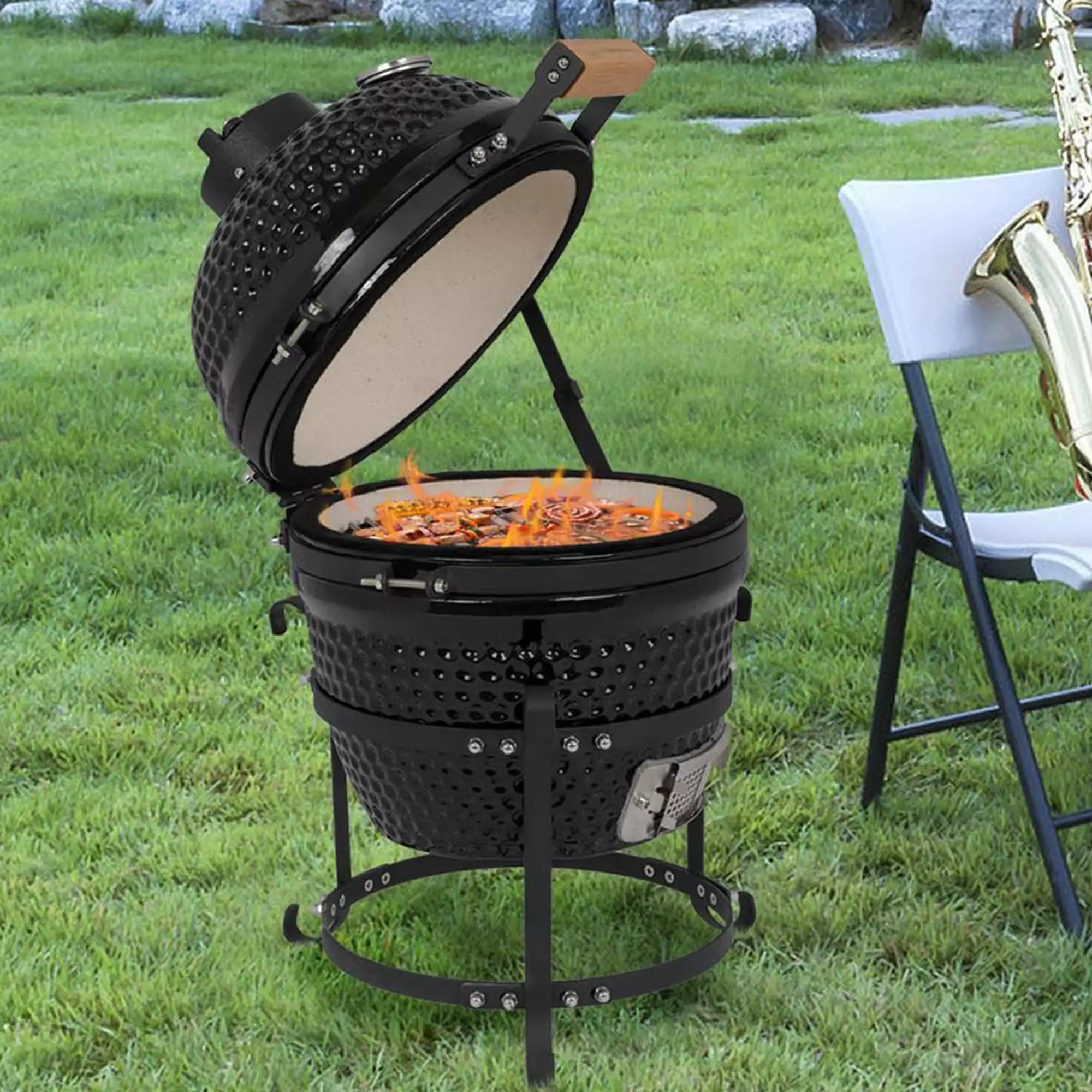 FOCUSSEXY 13 Outdoor Ceramic BBQ Grill Charcoal Barbecue Pit Patio Backyard Meat Cooker Smoker