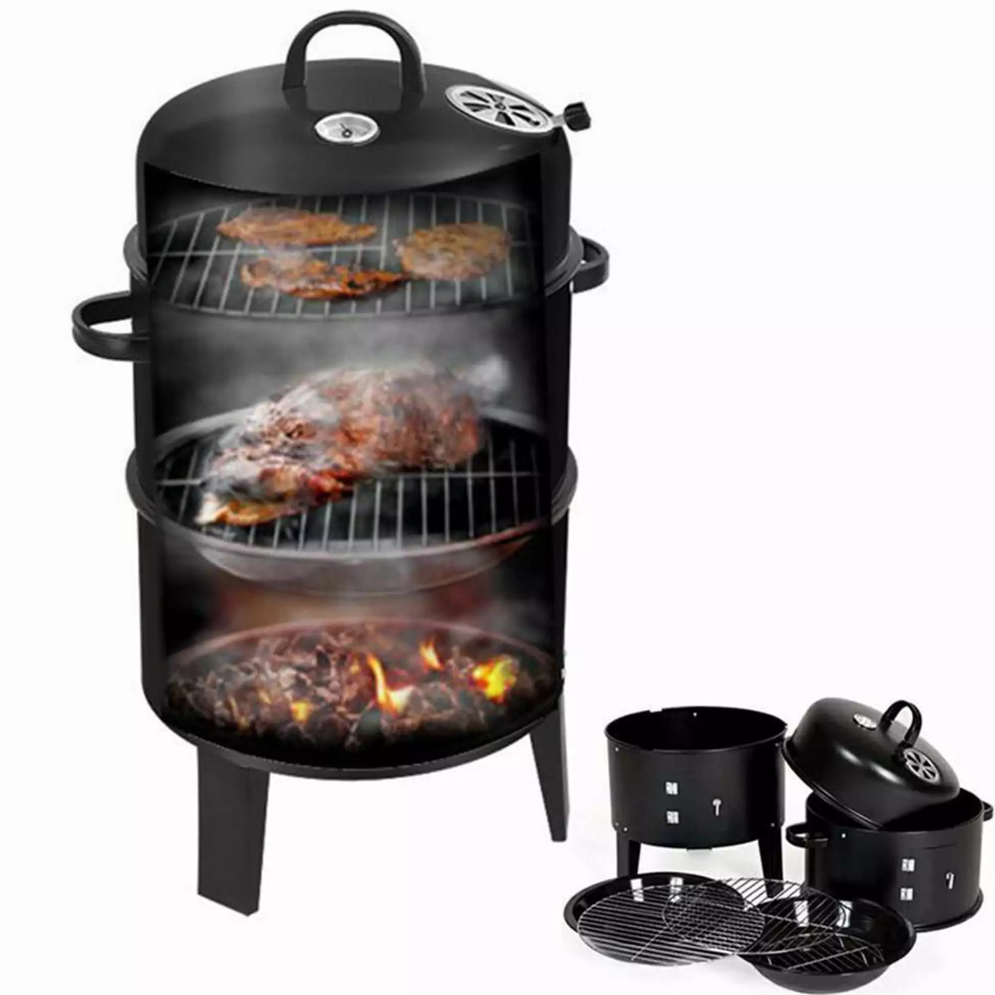 FOCUSSEXY 3 1 Vertical Charcoal BBQ Smoker Round Charcoal Barbecue Grill