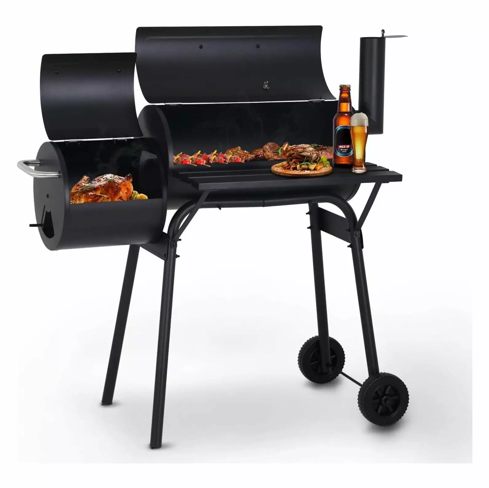 Charcoal Grills Outdoor BBQ Grill Offset Smoker Wheels Side Fire Box Travel-friendly Barbecue Grill Backyard Camping Picni...