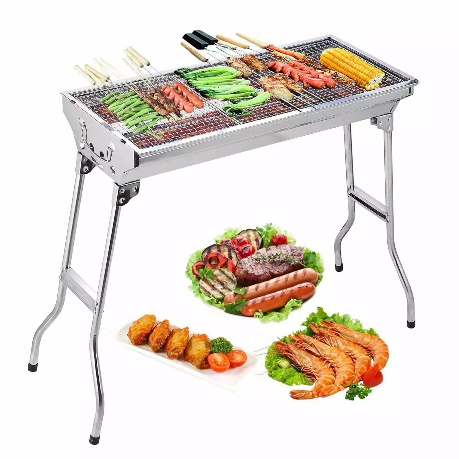 Stainless Steel Folding Outdoor Charcoal Grill Backyard Camping Picnic BBQ Pan Grill Rack Shelves Hooks propulsion Life
