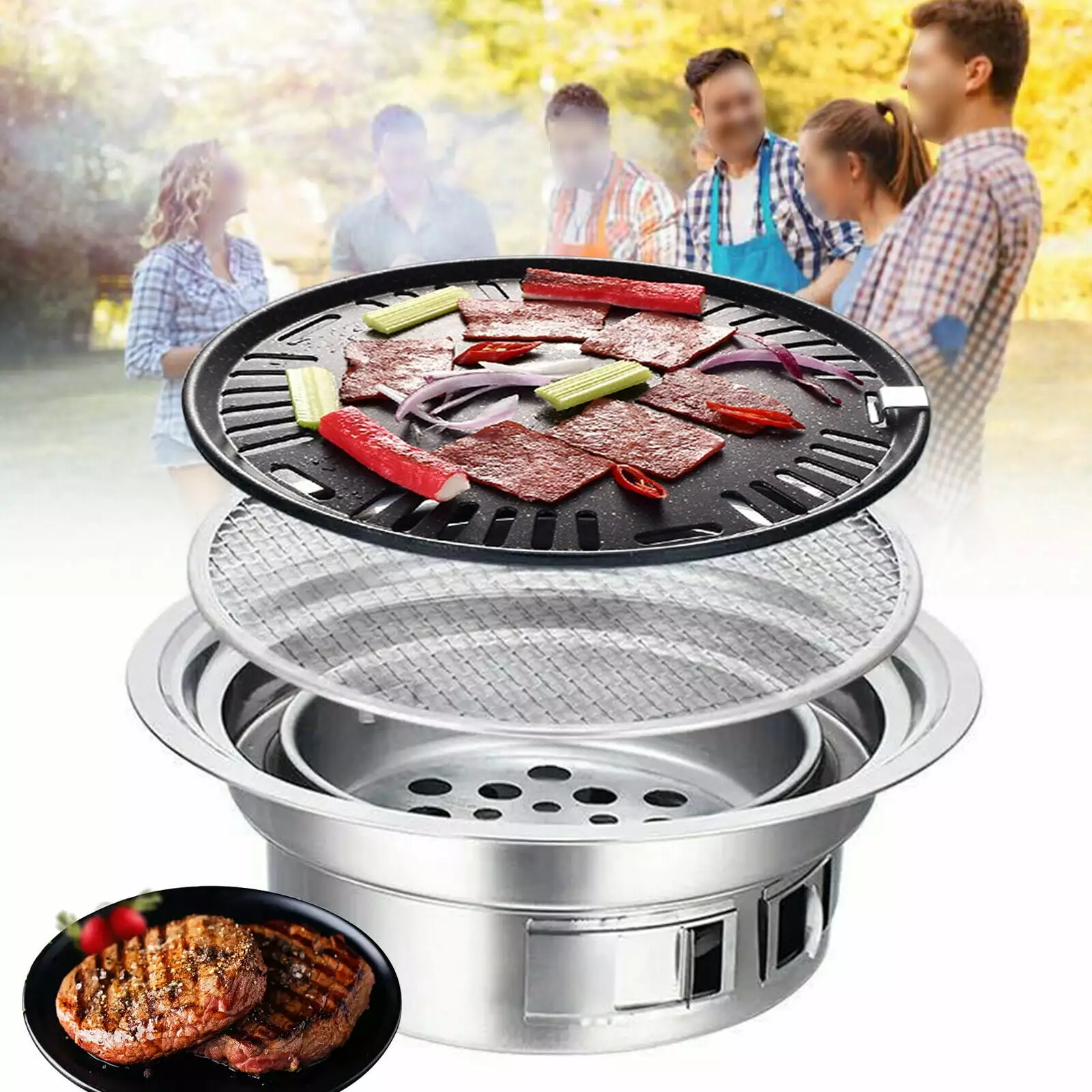 15.7 Inch Stainless Steel Non-stick Charcoal Stove Korean Barbecue Grill Outdoor Camping BBQ Cooking SHCKE