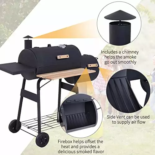 Outsunny 48 Steel Travel-friendly Charcoal BBQ Grill and Offset Smoker Combo Wheels TeviRoom
