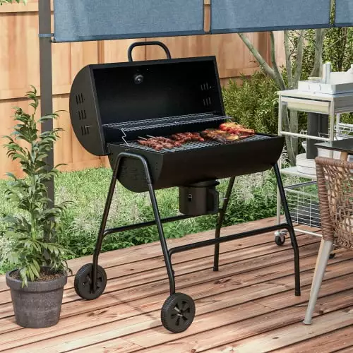 Zateety Barrel Charcoal BBQ Grill 420 sq. Cooking Area Wheels Ash Catcher and Thermometer