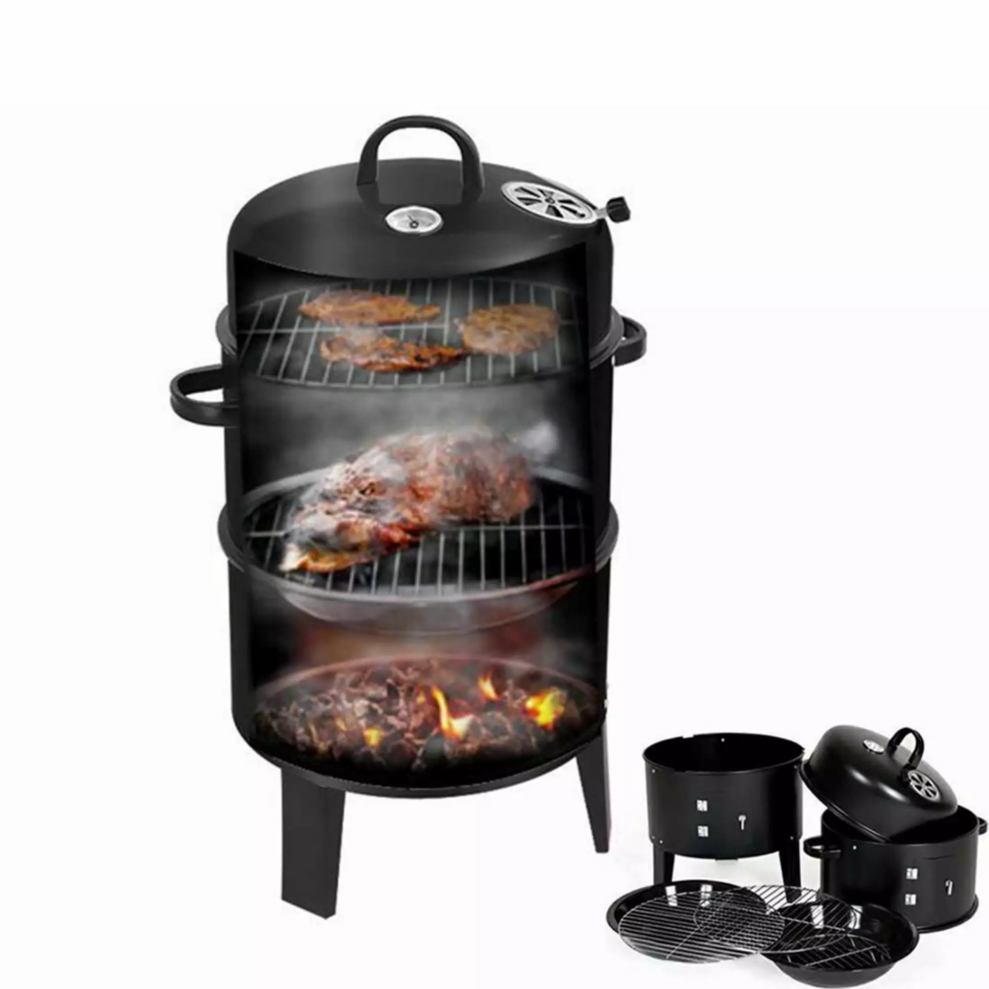 LELINTA Vertical Charcoal BBQ Smoker 3--1 Thermometer Adjustable Air Vent Outdoor Picnic Camping