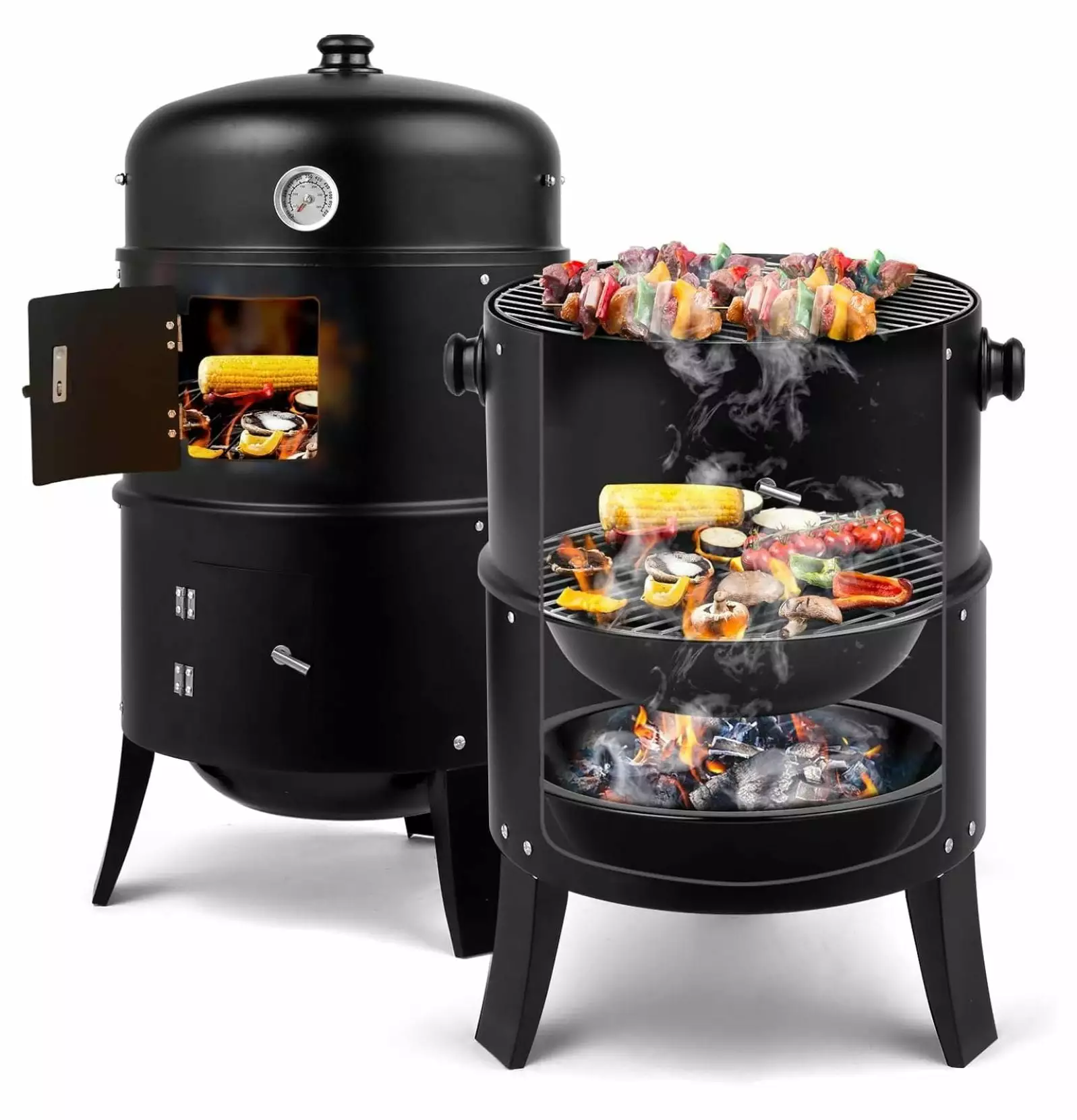 Yunhoutilize 17 Inch 3--1 Charcoal BBQ Smoker Built- Thermometer Outdoor Cooking Yunhouse