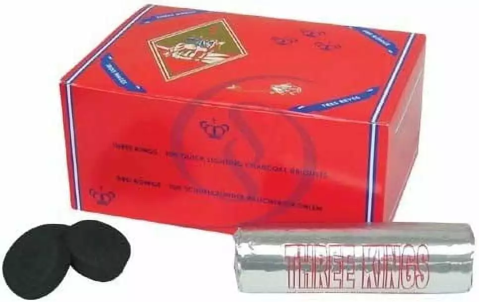 India Arts Three Kings Quick Lighting Charcoal Briquettes 100 Count Box Fast Igniting Coals